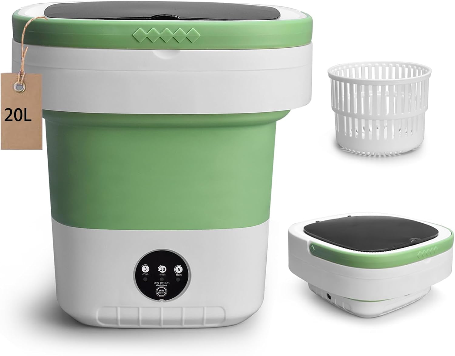 20L Portable Washing Machine, Mini Washer with Spin Basket Laundry Machine, 3 Modes Deep Cleaning, Upgraded Small Collapsible Laundry for Hotel, Apartment, Home and Travel - Green