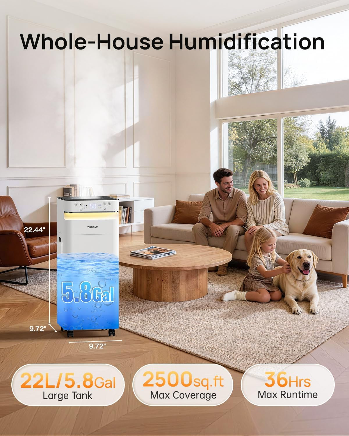 Humidifier Large Room 5.8Gal/22L, 2500 Sq.Ft. Cool Mist Humidifiers for Home Bedroom with Flame & Night Light, Top Fill Whole House Humidifier with Extension Tube, Plants, Kids, Adults, White
