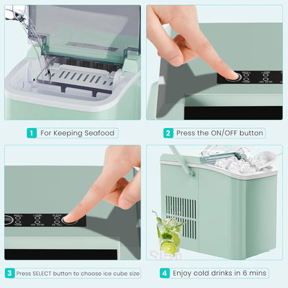 Countertop Ice Maker Machine with Handle, Auto-Cleaning Portable Ice Maker with Basket & Scoop, 26Lbs in 24Hrs & 9 Cubes in 6 Mins, 2 Cube Sizes, for Home Party Camping RV, Green