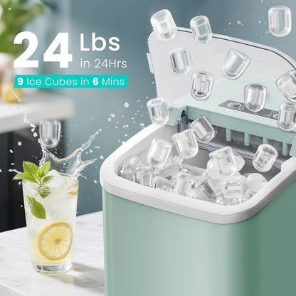 Countertop Ice Maker Machine with Handle, Auto-Cleaning Portable Ice Maker with Basket & Scoop, 26Lbs in 24Hrs & 9 Cubes in 6 Mins, 2 Cube Sizes, for Home Party Camping RV, Green