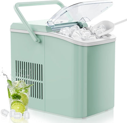 Countertop Ice Maker Machine with Handle, Auto-Cleaning Portable Ice Maker with Basket & Scoop, 26Lbs in 24Hrs & 9 Cubes in 6 Mins, 2 Cube Sizes, for Home Party Camping RV, Green
