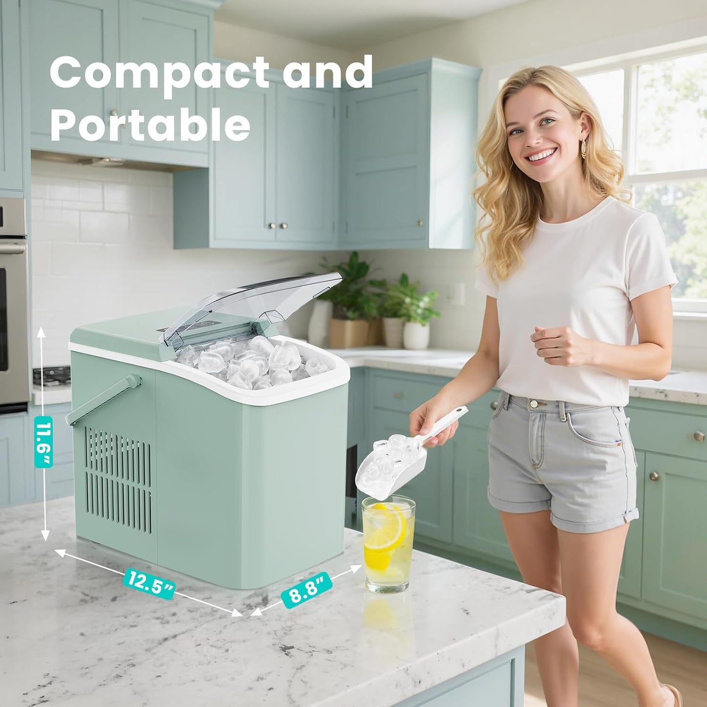 Countertop Ice Maker Machine with Handle, Auto-Cleaning Portable Ice Maker with Basket & Scoop, 26Lbs in 24Hrs & 9 Cubes in 6 Mins, 2 Cube Sizes, for Home Party Camping RV, Green