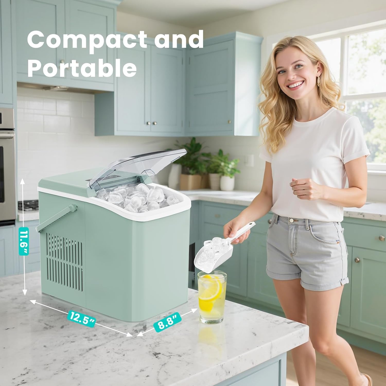 Countertop Ice Maker Machine with Handle, Auto-Cleaning Portable Ice Maker with Basket & Scoop, 26Lbs in 24Hrs & 9 Cubes in 6 Mins, 2 Cube Sizes, for Home Party Camping RV, Green